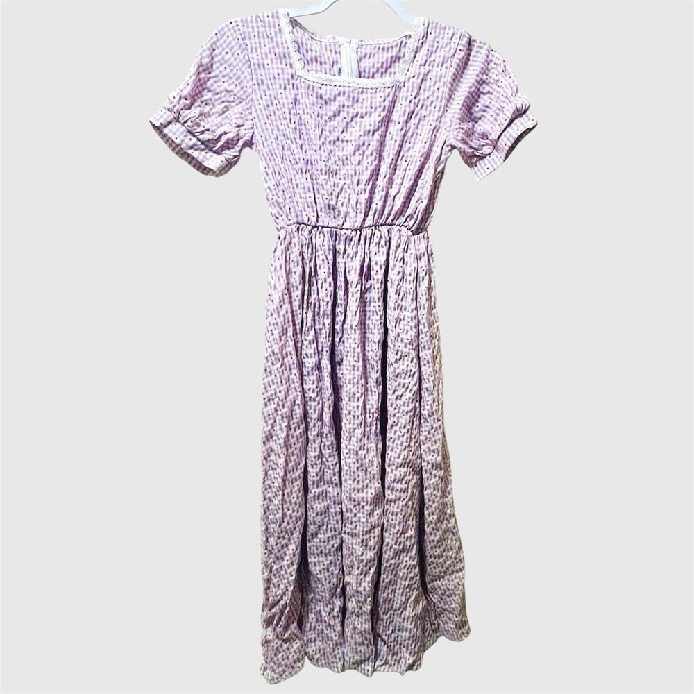 Girls XL Prairie Dress Purple Daisy Gingham Costume or Casual 10 12 Puff Sleeve